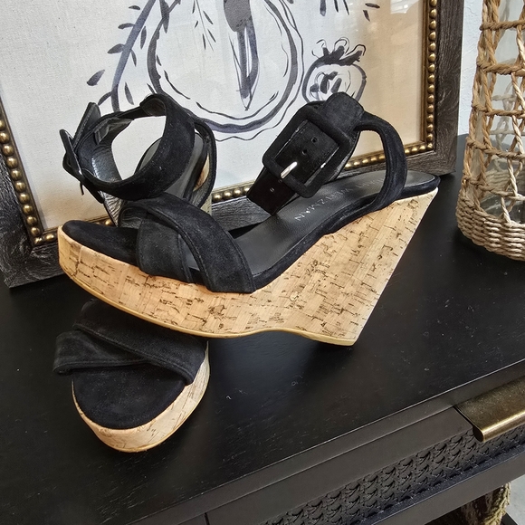 Stuart Weitzman Black Suede Platform Cork Wedge Sandals Size 6 - Picture 1 of 11